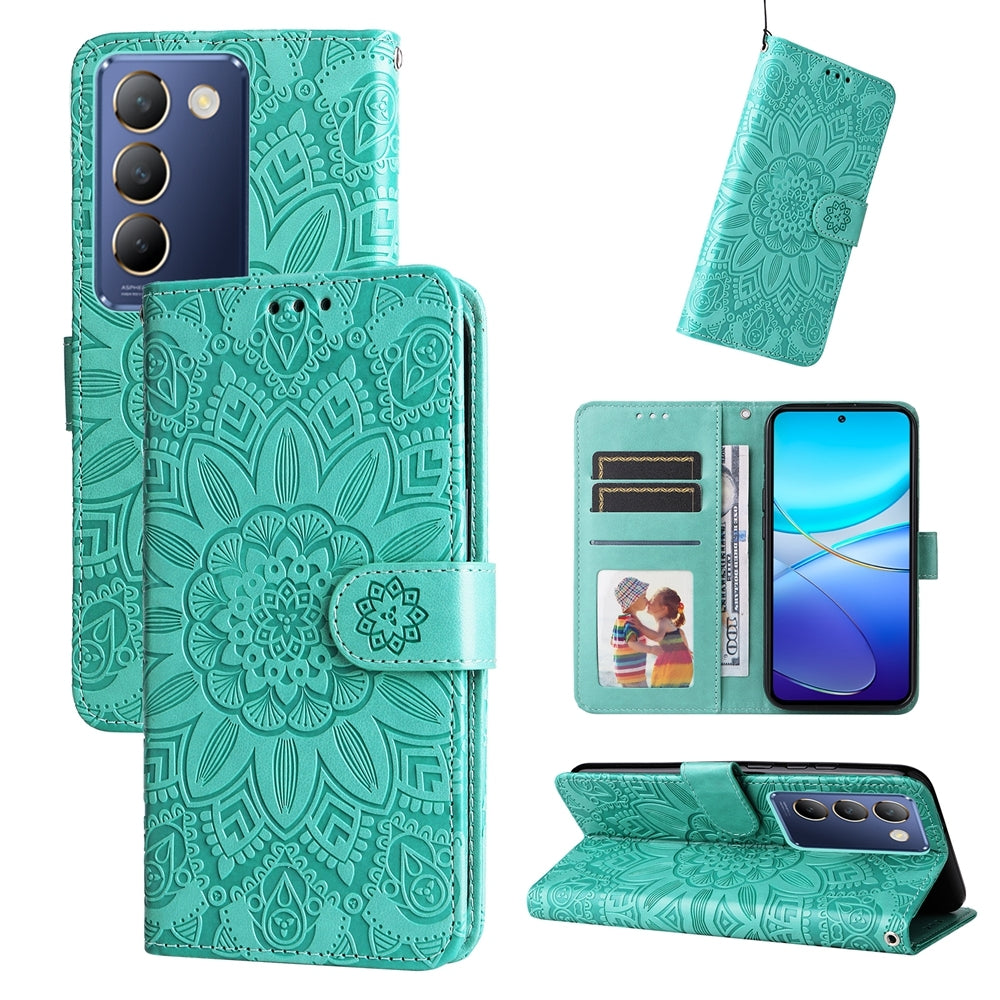 vivo Y100 IDN Sunflower Embossed Leather Wallet Phone Case with Kickstand and Card Holder