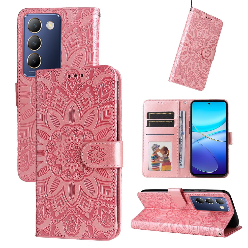 vivo Y100 IDN Sunflower Embossed Leather Wallet Phone Case with Kickstand and Card Holder