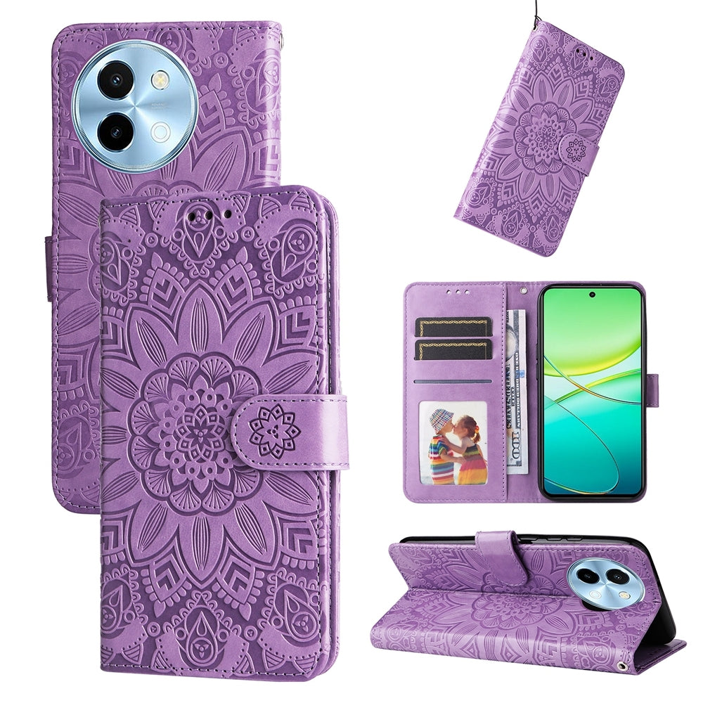 vivo Y38 5G Sunflower Embossed Leather Wallet Phone Case with Kickstand and Card Holder