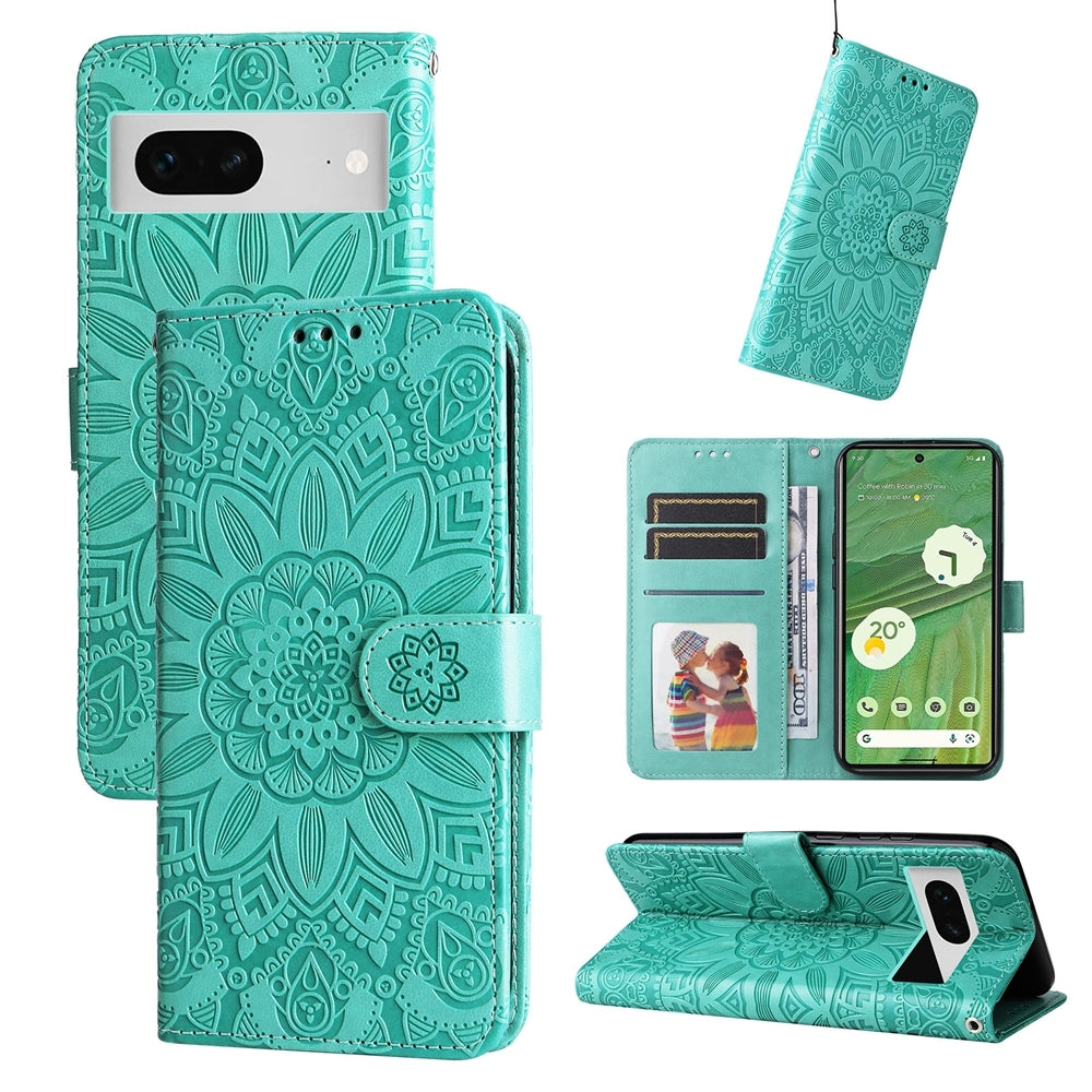 Google Pixel 7 Sunflower Embossed Leather Wallet Phone Case with Kickstand and Card Holder