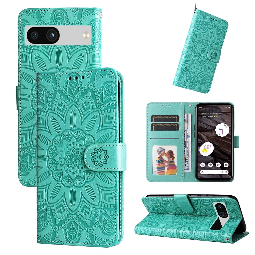 Google Pixel 7a Sunflower Embossed Leather Wallet Phone Case with Kickstand and Card Holder