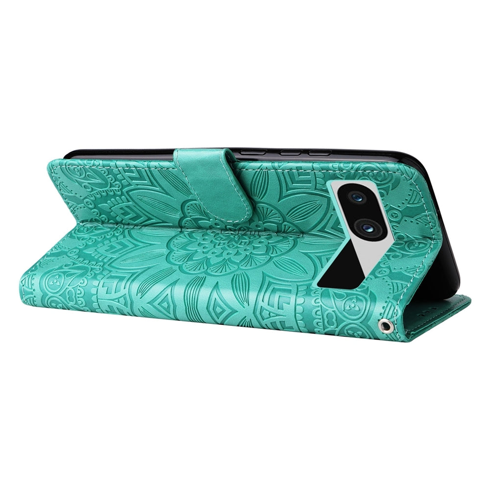 Google Pixel 7a Sunflower Embossed Leather Wallet Phone Case with Kickstand and Card Holder