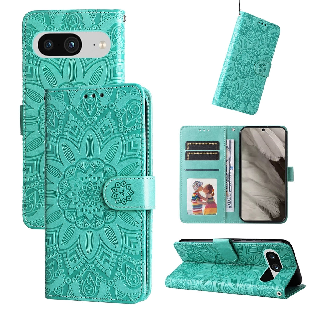 Google Pixel 8 Sunflower Embossed Leather Wallet Phone Case with Kickstand and Card Holder