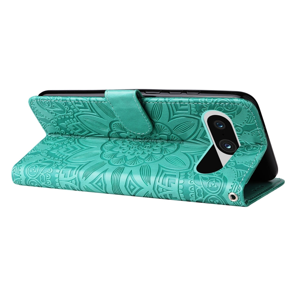 Google Pixel 8 Sunflower Embossed Leather Wallet Phone Case with Kickstand and Card Holder