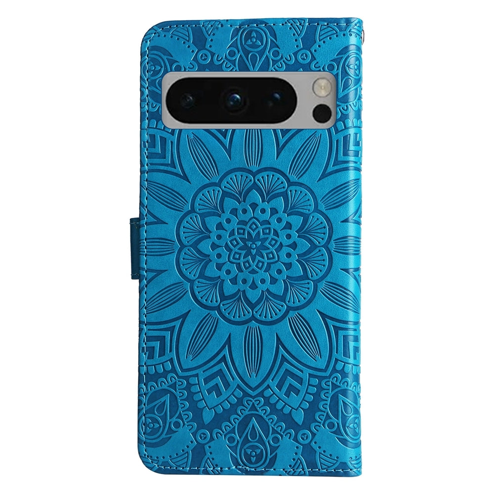 Google Pixel 8 Pro Sunflower Embossed Leather Wallet Phone Case with Kickstand and Card Holder