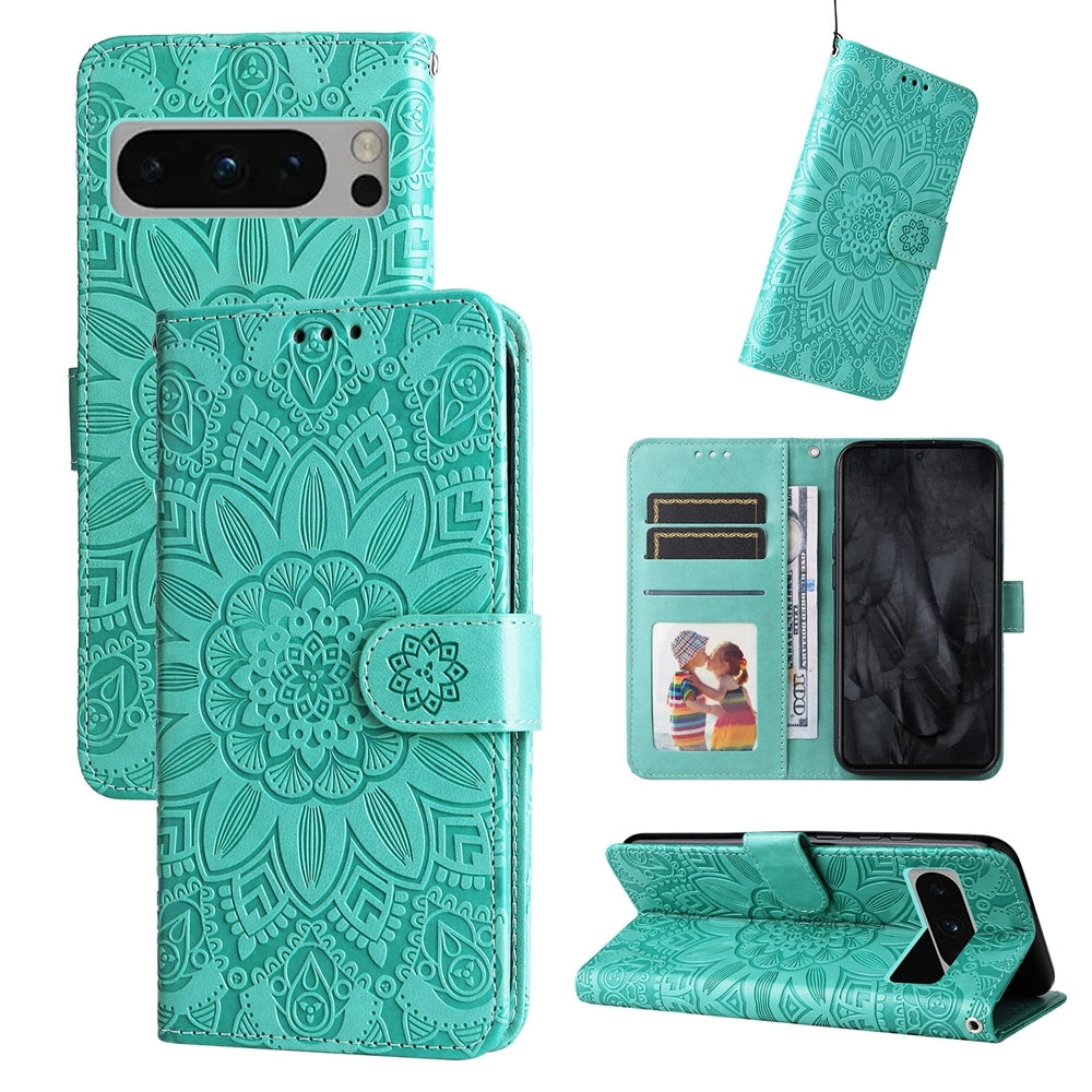 Google Pixel 8 Pro Sunflower Embossed Leather Wallet Phone Case with Kickstand and Card Holder