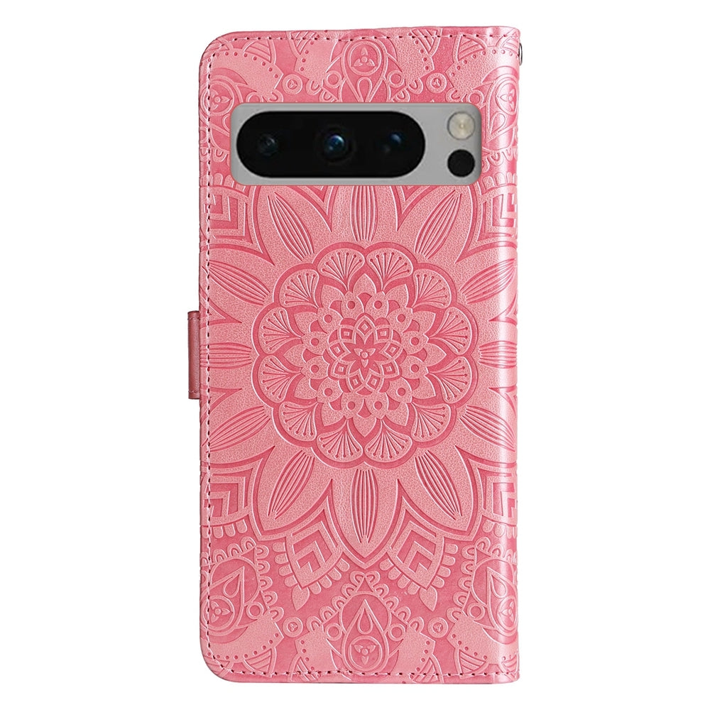 Google Pixel 8 Pro Sunflower Embossed Leather Wallet Phone Case with Kickstand and Card Holder