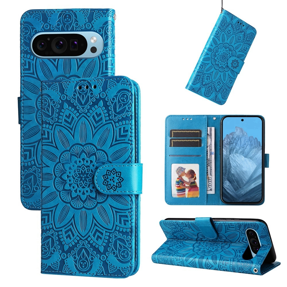 Google Pixel 9 Sunflower Embossed Leather Wallet Phone Case with Kickstand and Card Holder