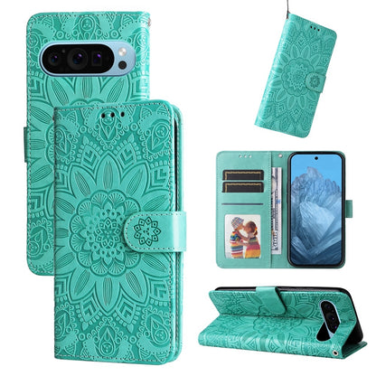 Google Pixel 9 Sunflower Embossed Leather Wallet Phone Case with Kickstand and Card Holder