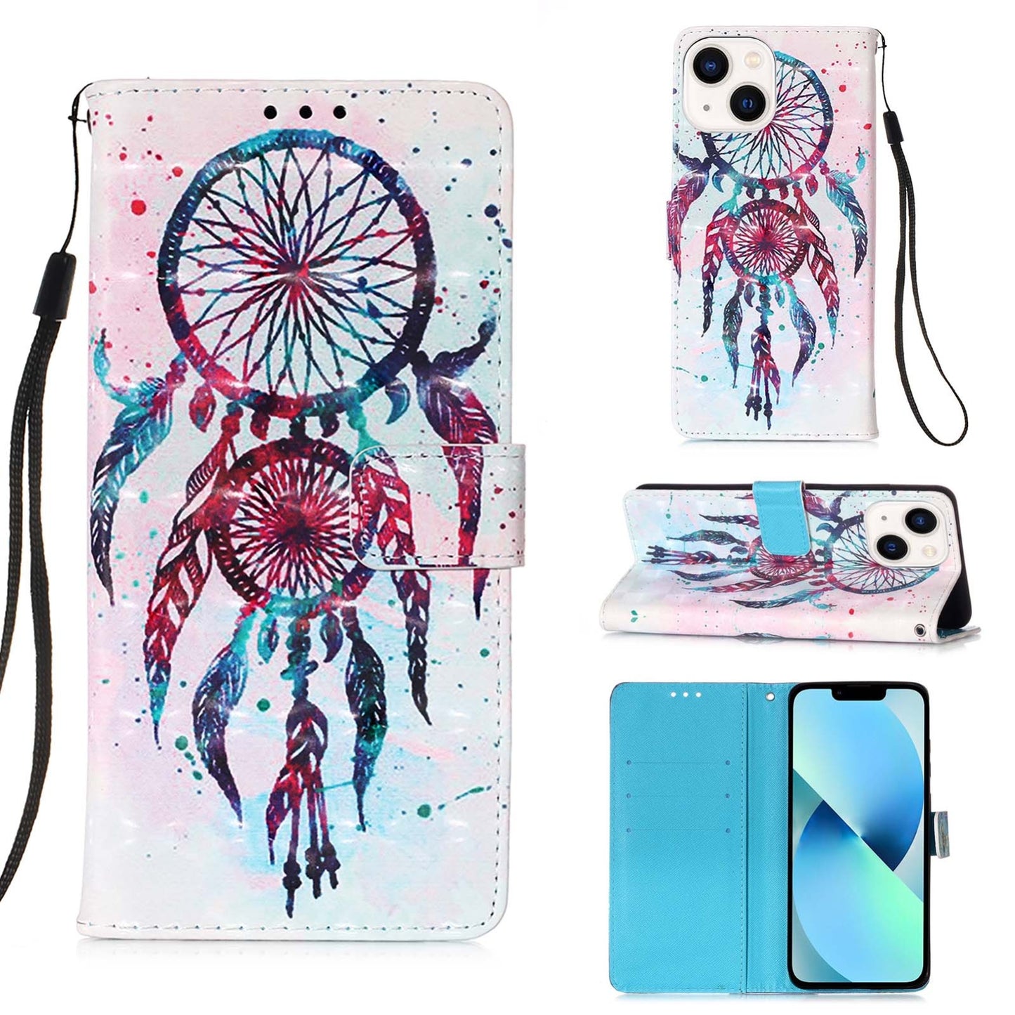 iPhone 15 Leather Flip Phone Case with 3D Painted Design, Card Holder, Wallet & Stand Function - Durable Protection & Easy Access