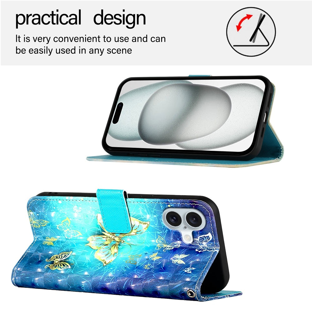 iPhone 16 Plus Leather Flip Phone Case with 3D Painted Design, Card Holder, Wallet & Stand Function - Durable Protection & Easy Access