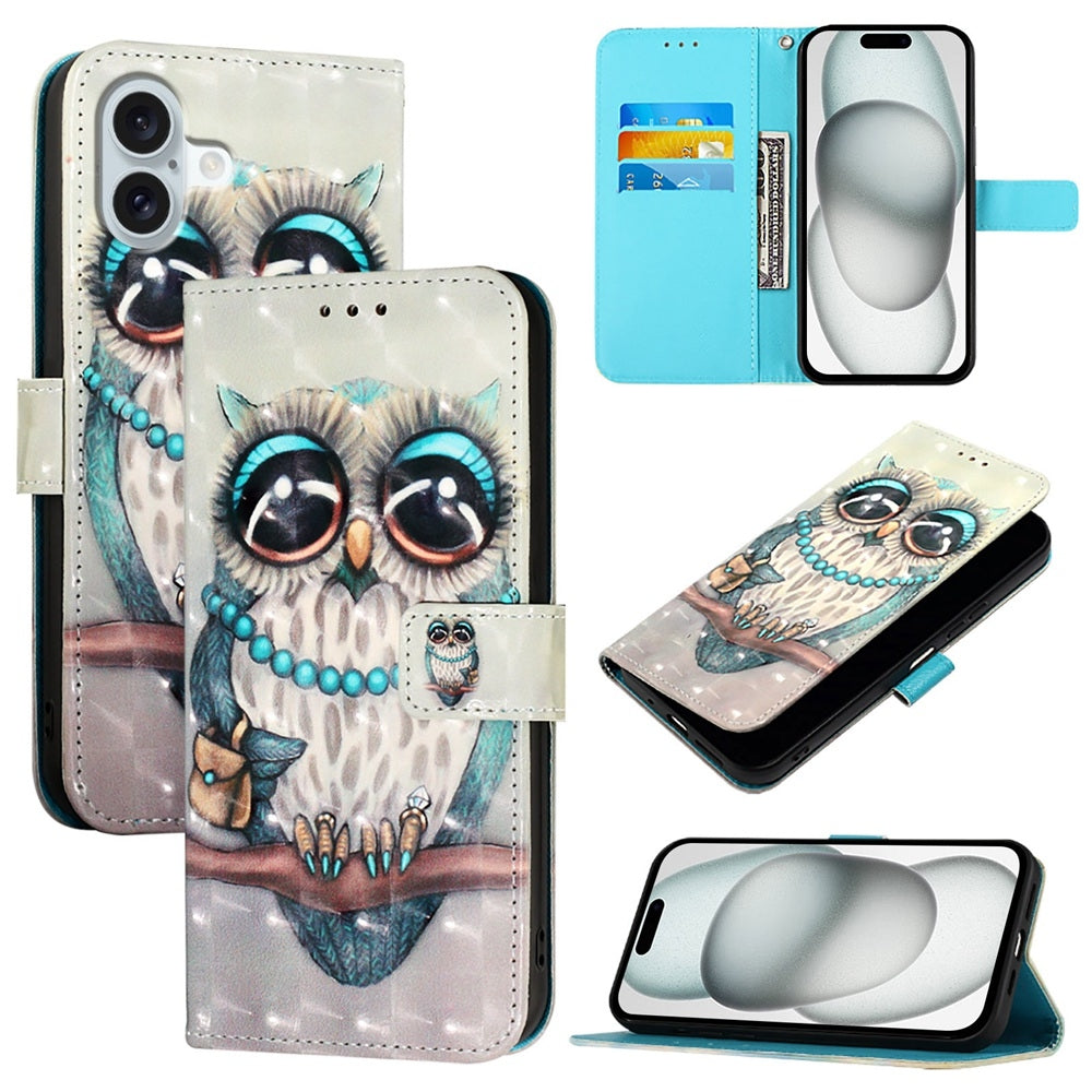 iPhone 16 Plus Leather Flip Phone Case with 3D Painted Design, Card Holder, Wallet & Stand Function - Durable Protection & Easy Access