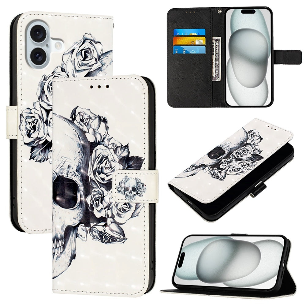 iPhone 16 Plus Leather Flip Phone Case with 3D Painted Design, Card Holder, Wallet & Stand Function - Durable Protection & Easy Access