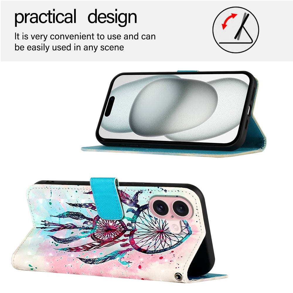 iPhone 16 Leather Flip Phone Case with 3D Painted Design, Card Holder, Wallet & Stand Function - Durable Protection & Easy Access