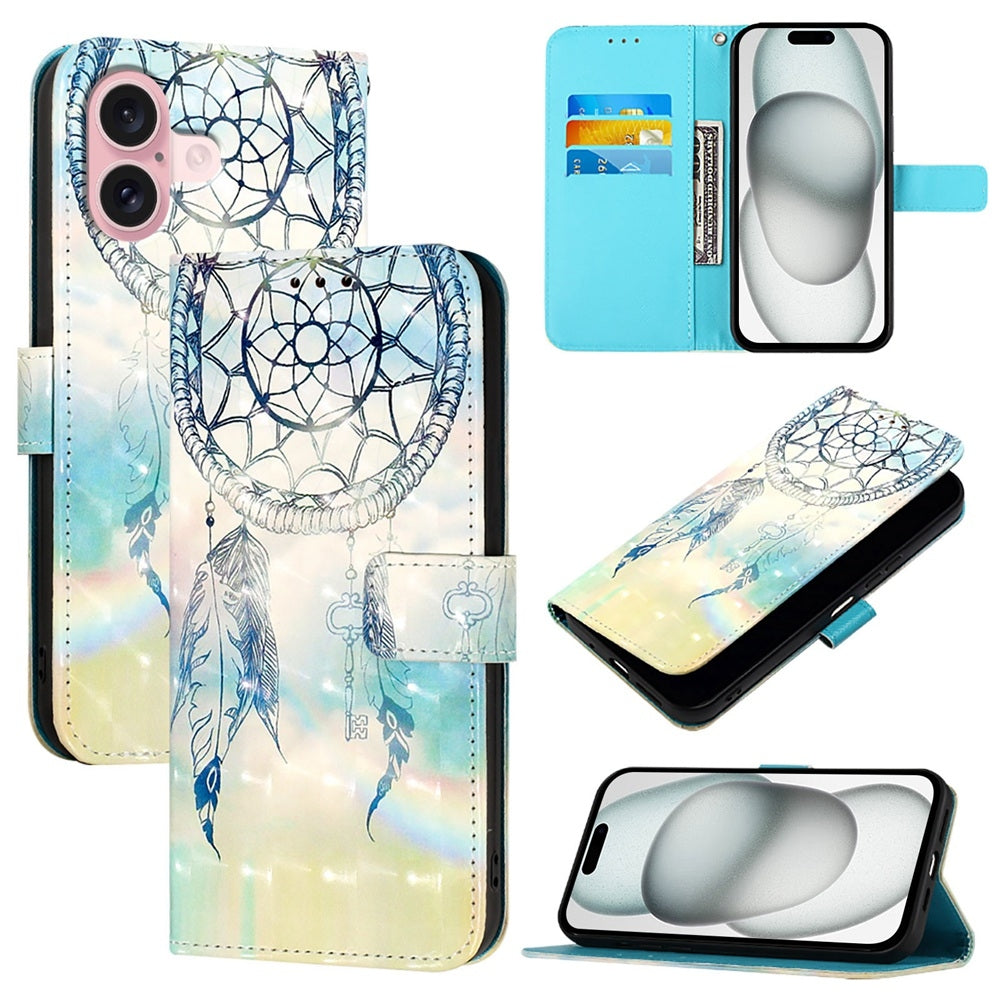 iPhone 16 Leather Flip Phone Case with 3D Painted Design, Card Holder, Wallet & Stand Function - Durable Protection & Easy Access