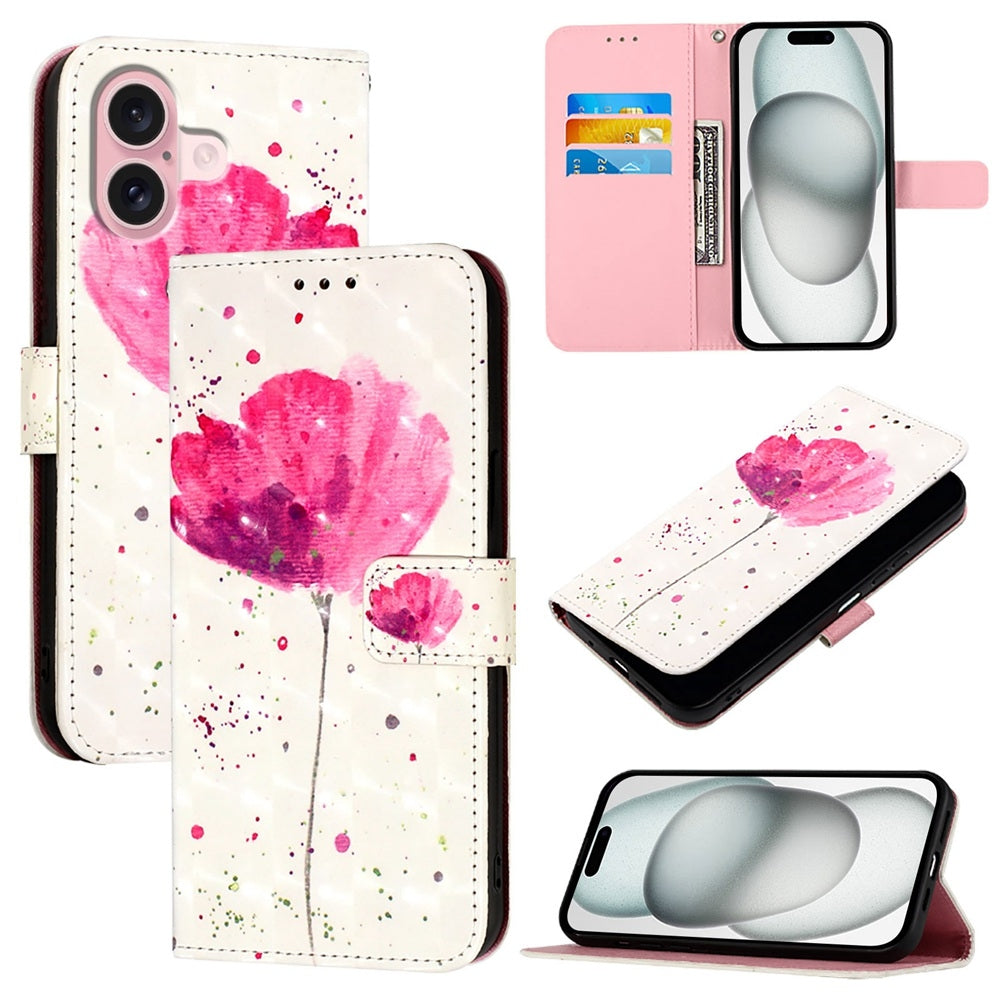 iPhone 16 Leather Flip Phone Case with 3D Painted Design, Card Holder, Wallet & Stand Function - Durable Protection & Easy Access