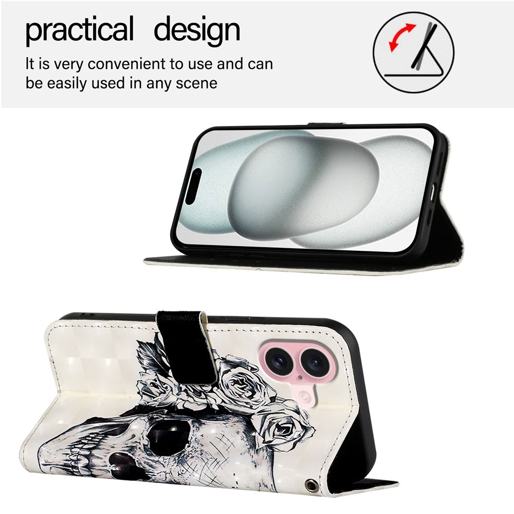 iPhone 16 Leather Flip Phone Case with 3D Painted Design, Card Holder, Wallet & Stand Function - Durable Protection & Easy Access