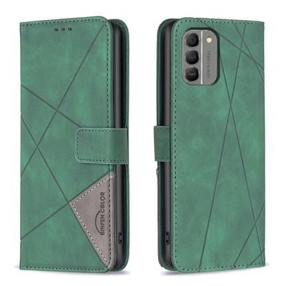 Nokia G310 Rhombus Texture Leather Phone Case with Magnetic Buckle and Card Holder