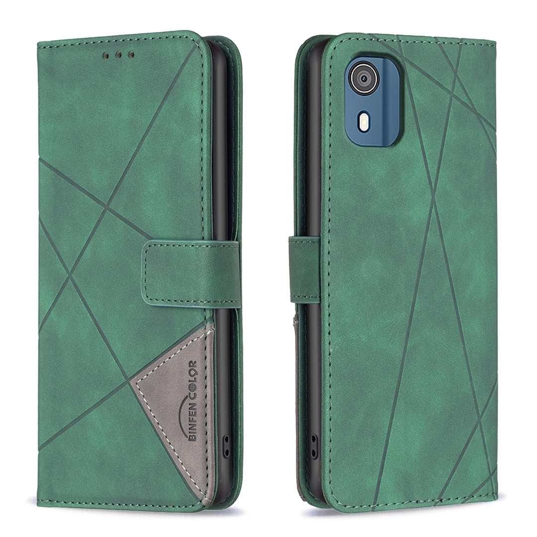 Nokia C02 Rhombus Texture Leather Phone Case with Magnetic Buckle and Card Holder