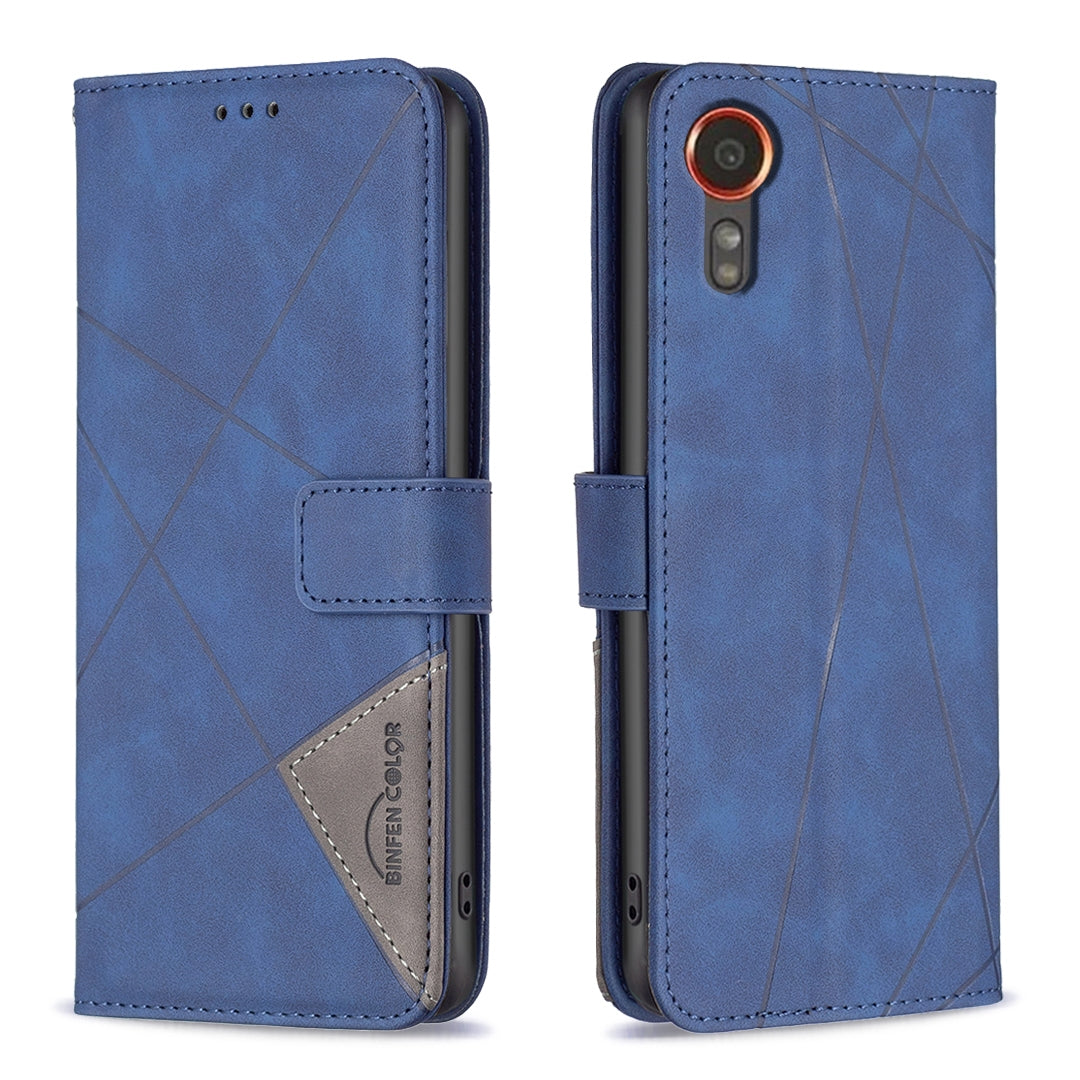 Samsung Galaxy Xcover 7 Rhombus Texture Leather Phone Case with Magnetic Buckle and Card Holder