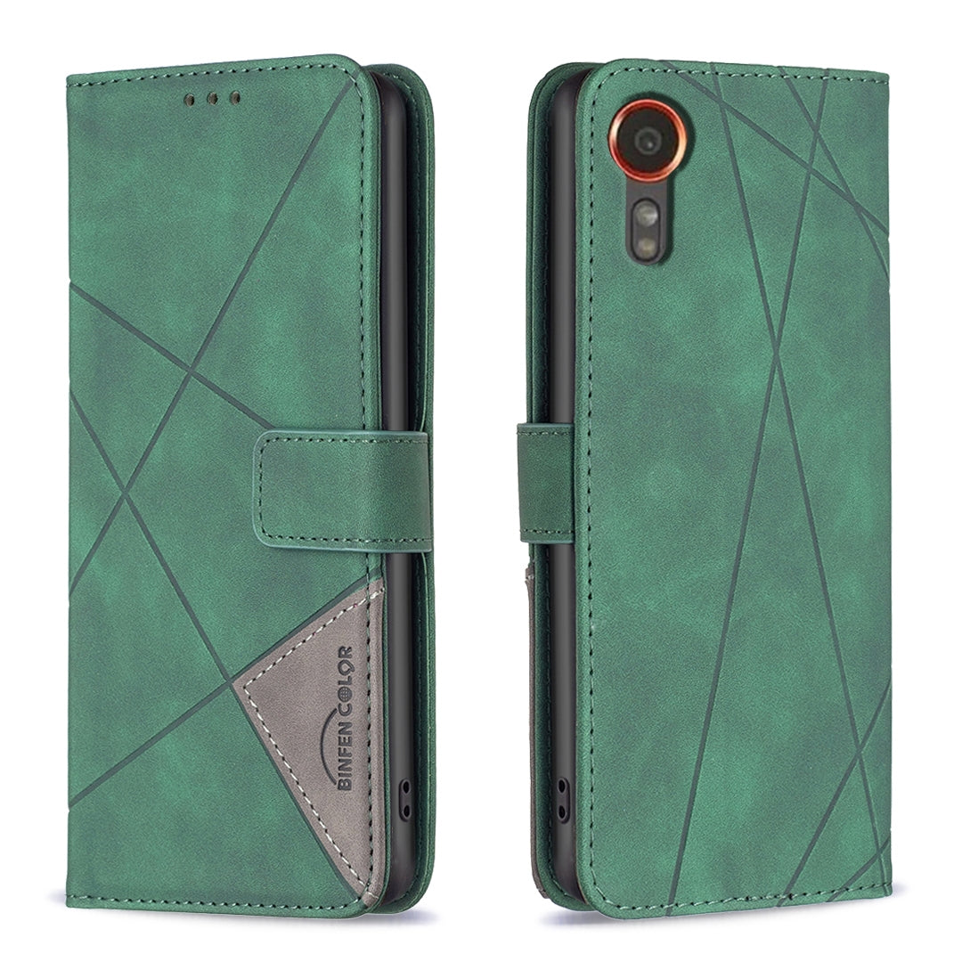 Samsung Galaxy Xcover 7 Rhombus Texture Leather Phone Case with Magnetic Buckle and Card Holder