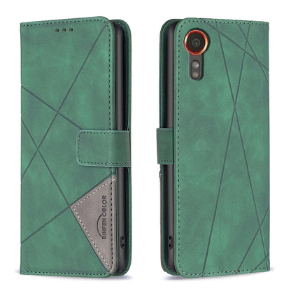 Samsung Galaxy Xcover 7 Rhombus Texture Leather Phone Case with Magnetic Buckle and Card Holder