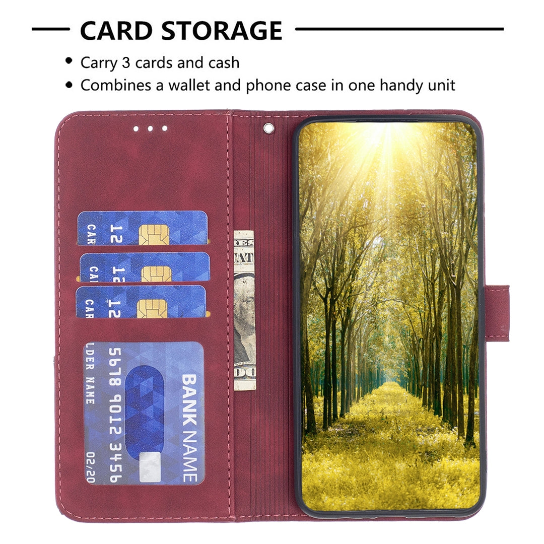 Samsung Galaxy F62 Rhombus Texture Leather Phone Case with Magnetic Buckle and Card Holder