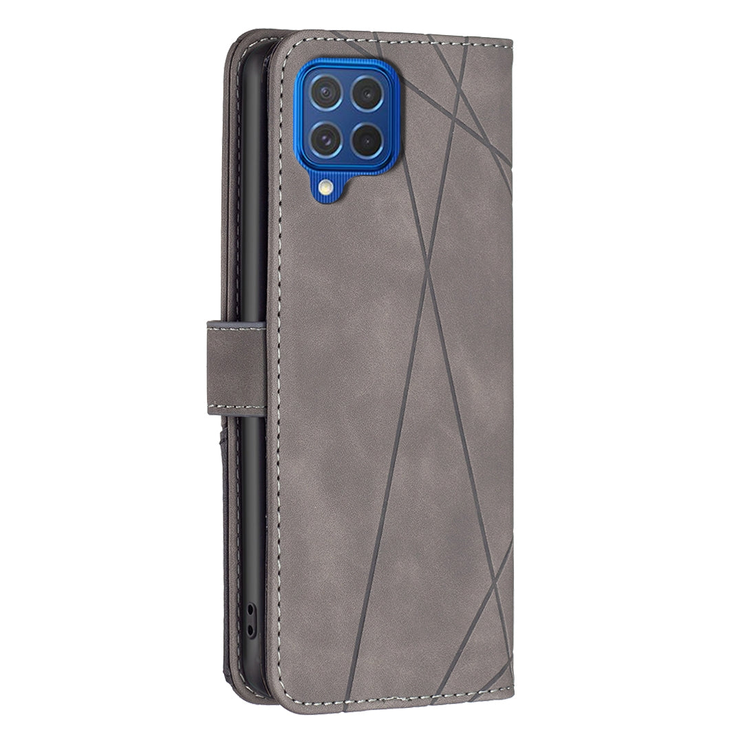 Samsung Galaxy F62 Rhombus Texture Leather Phone Case with Magnetic Buckle and Card Holder