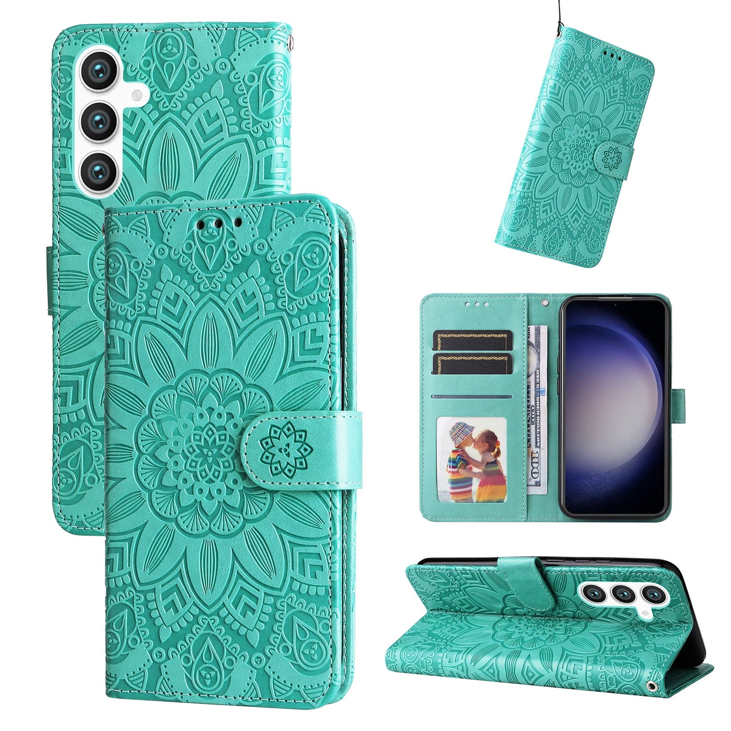 Samsung Galaxy S23 FE 5G Sunflower Embossed Leather Wallet Phone Case with Kickstand and Card Holder