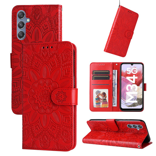 Samsung Galaxy M34 5G Sunflower Embossed Leather Wallet Phone Case with Kickstand and Card Holder