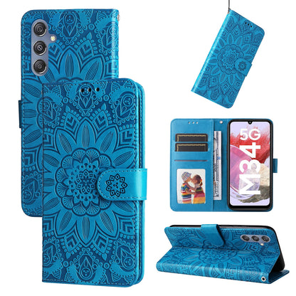 Samsung Galaxy M34 5G Sunflower Embossed Leather Wallet Phone Case with Kickstand and Card Holder