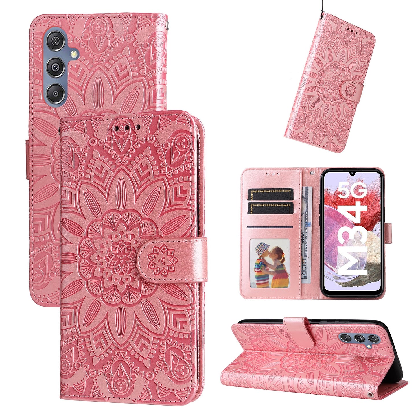 Samsung Galaxy M34 5G Sunflower Embossed Leather Wallet Phone Case with Kickstand and Card Holder