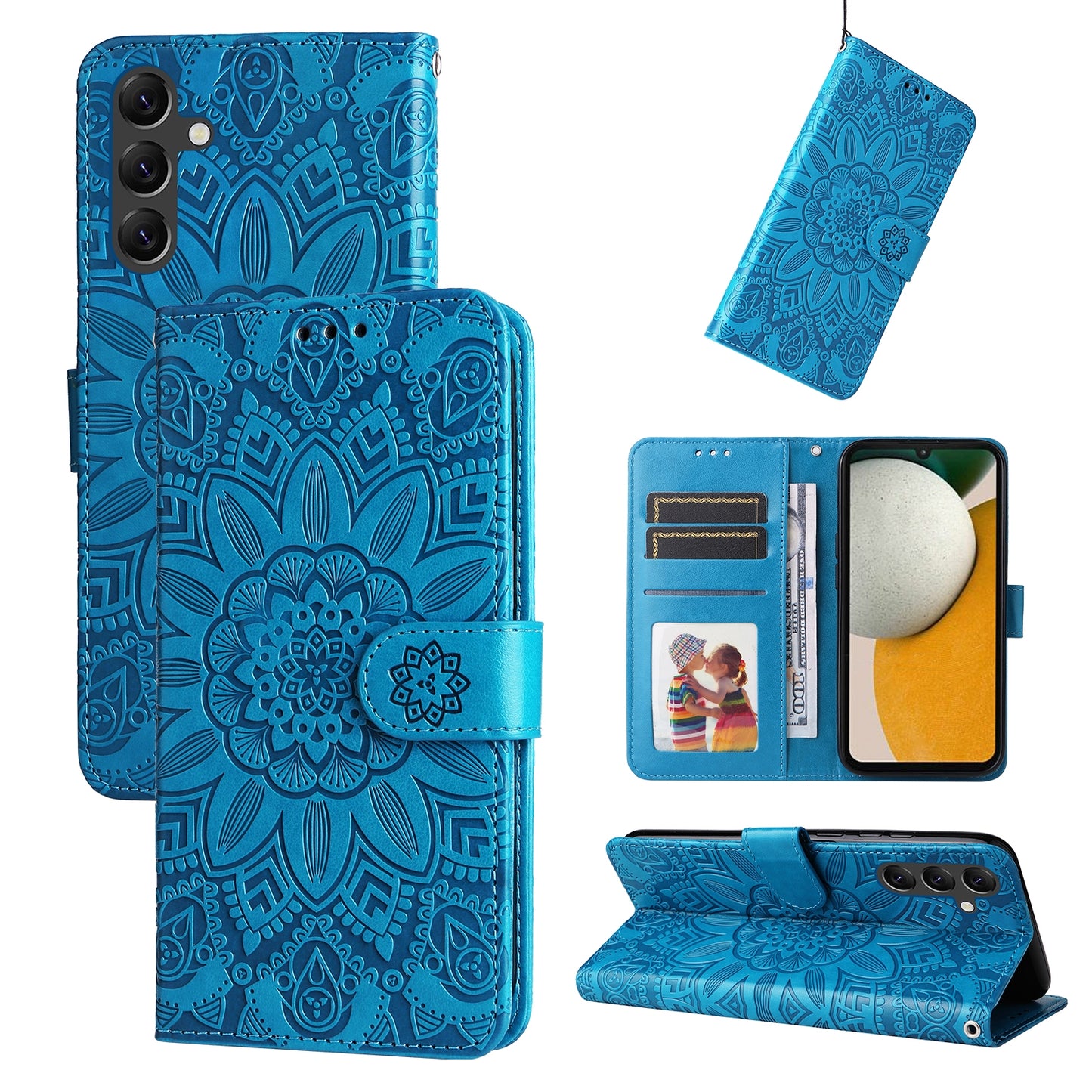 Samsung Galaxy A15 Sunflower Embossed Leather Wallet Phone Case with Kickstand and Card Holder