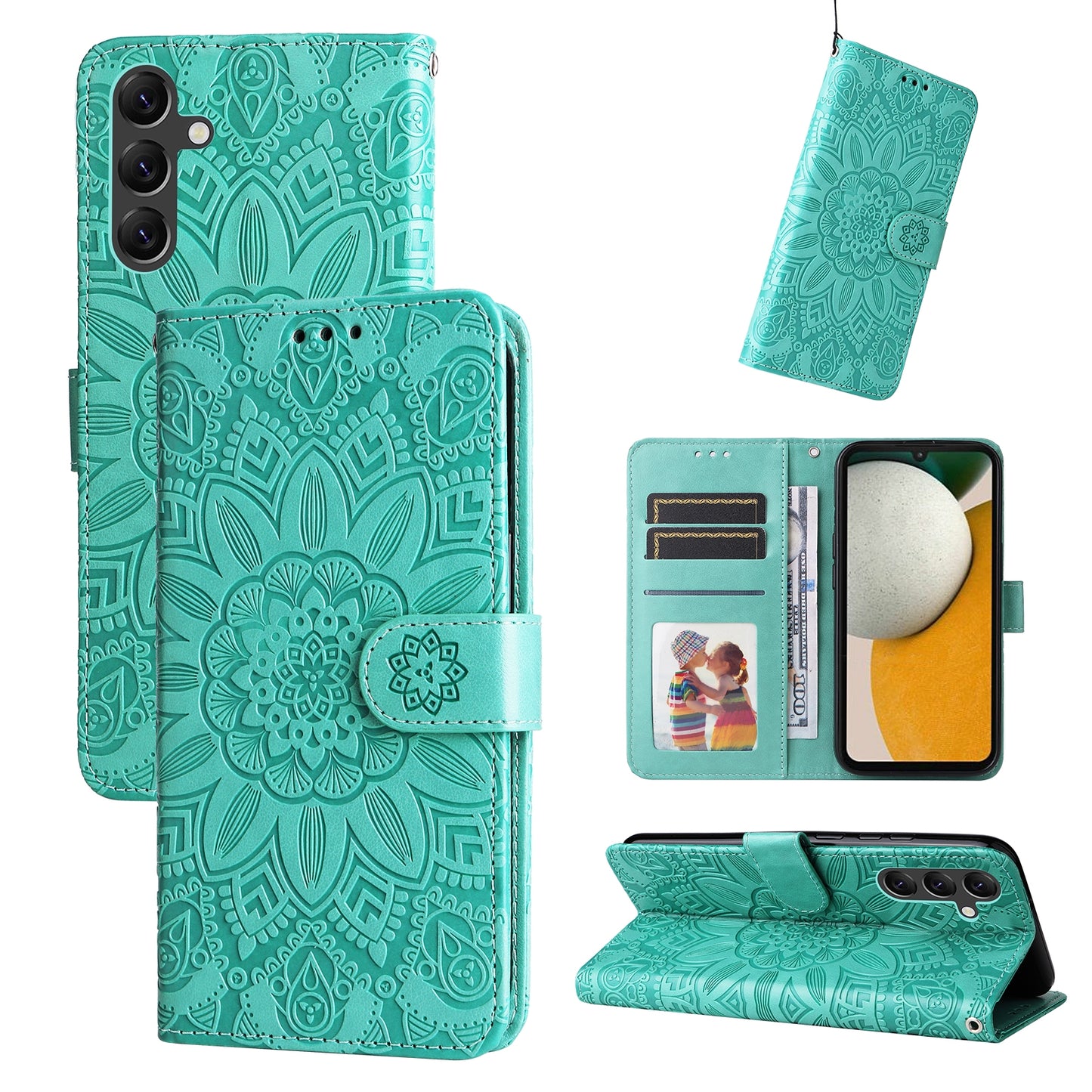 Samsung Galaxy A15 Sunflower Embossed Leather Wallet Phone Case with Kickstand and Card Holder