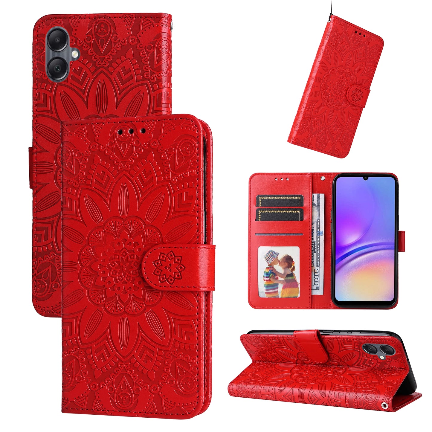 Samsung Galaxy A05 Sunflower Embossed Leather Wallet Phone Case with Kickstand and Card Holder