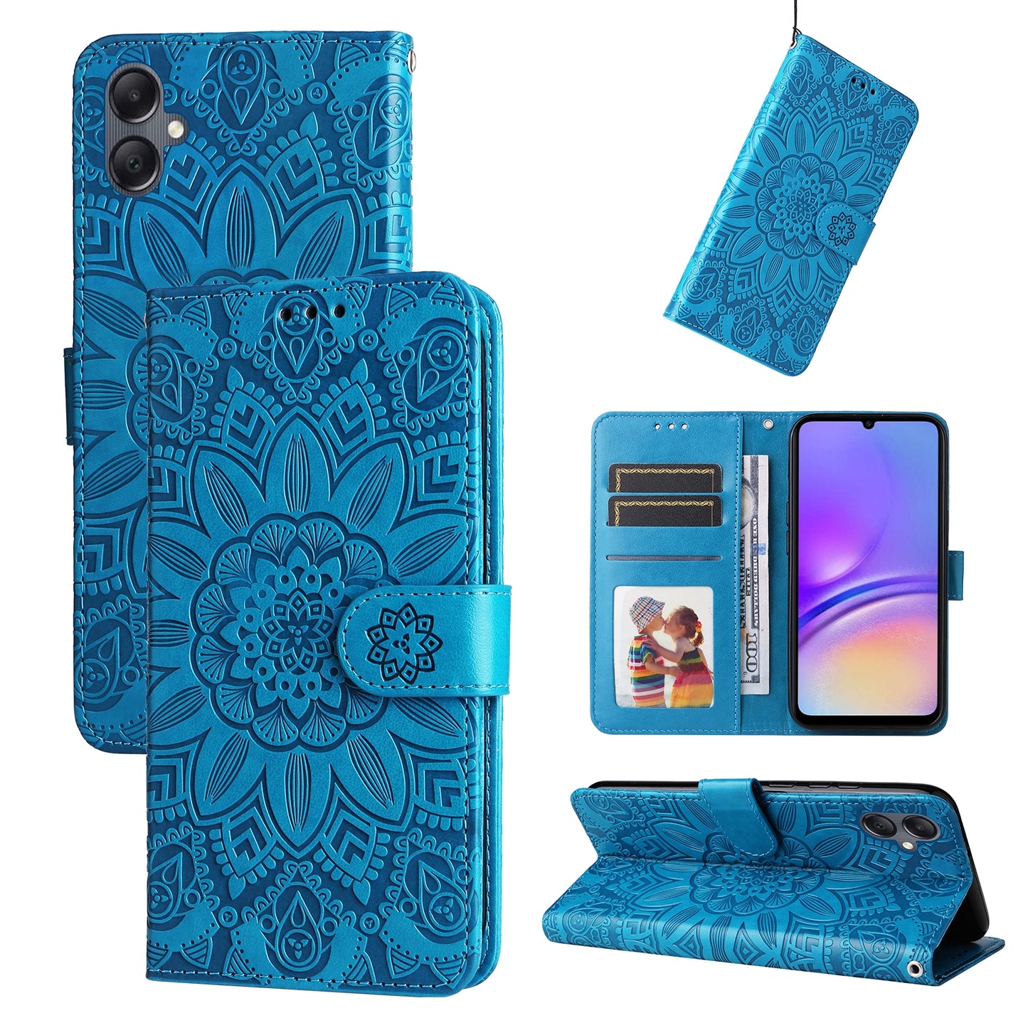 Samsung Galaxy A05 Sunflower Embossed Leather Wallet Phone Case with Kickstand and Card Holder