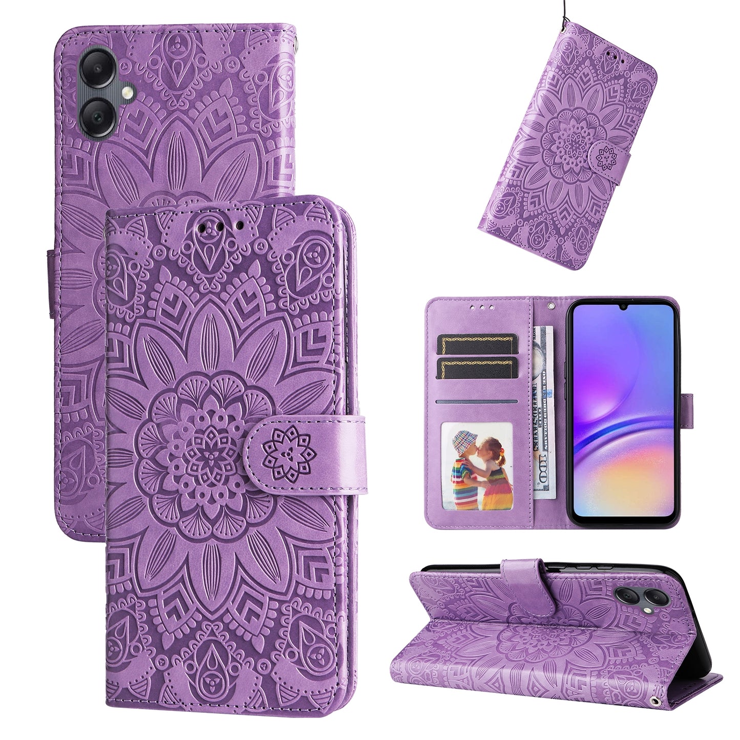 Samsung Galaxy A05 Sunflower Embossed Leather Wallet Phone Case with Kickstand and Card Holder