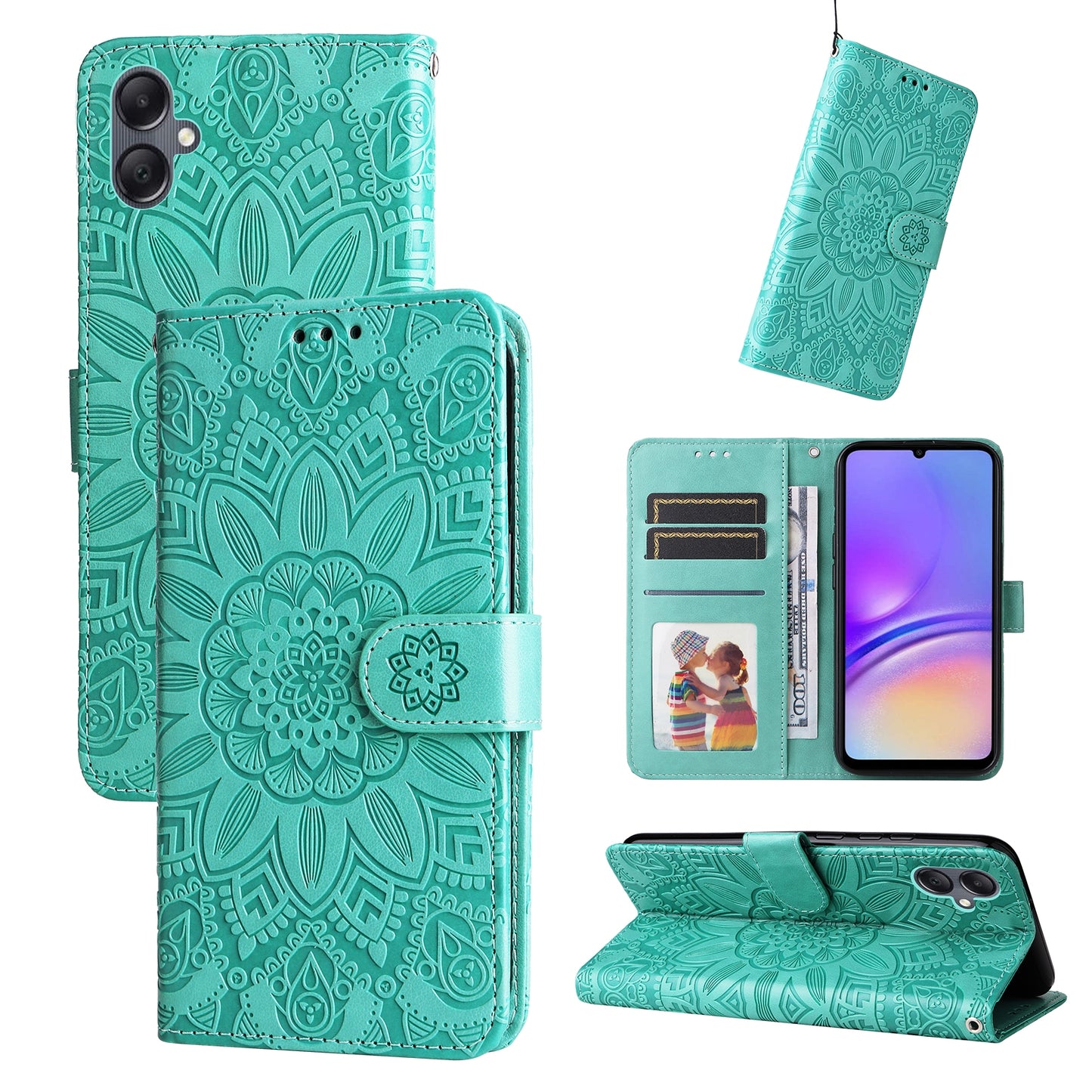 Samsung Galaxy A05 Sunflower Embossed Leather Wallet Phone Case with Kickstand and Card Holder