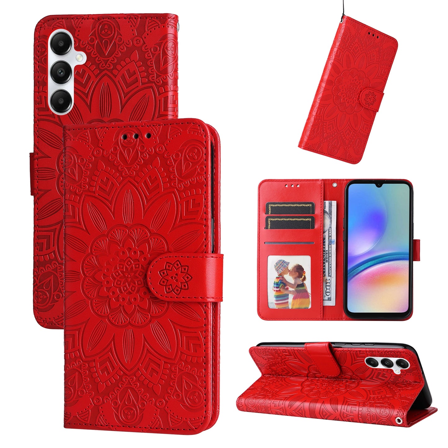 Samsung Galaxy A05s Sunflower Embossed Leather Wallet Phone Case with Kickstand and Card Holder