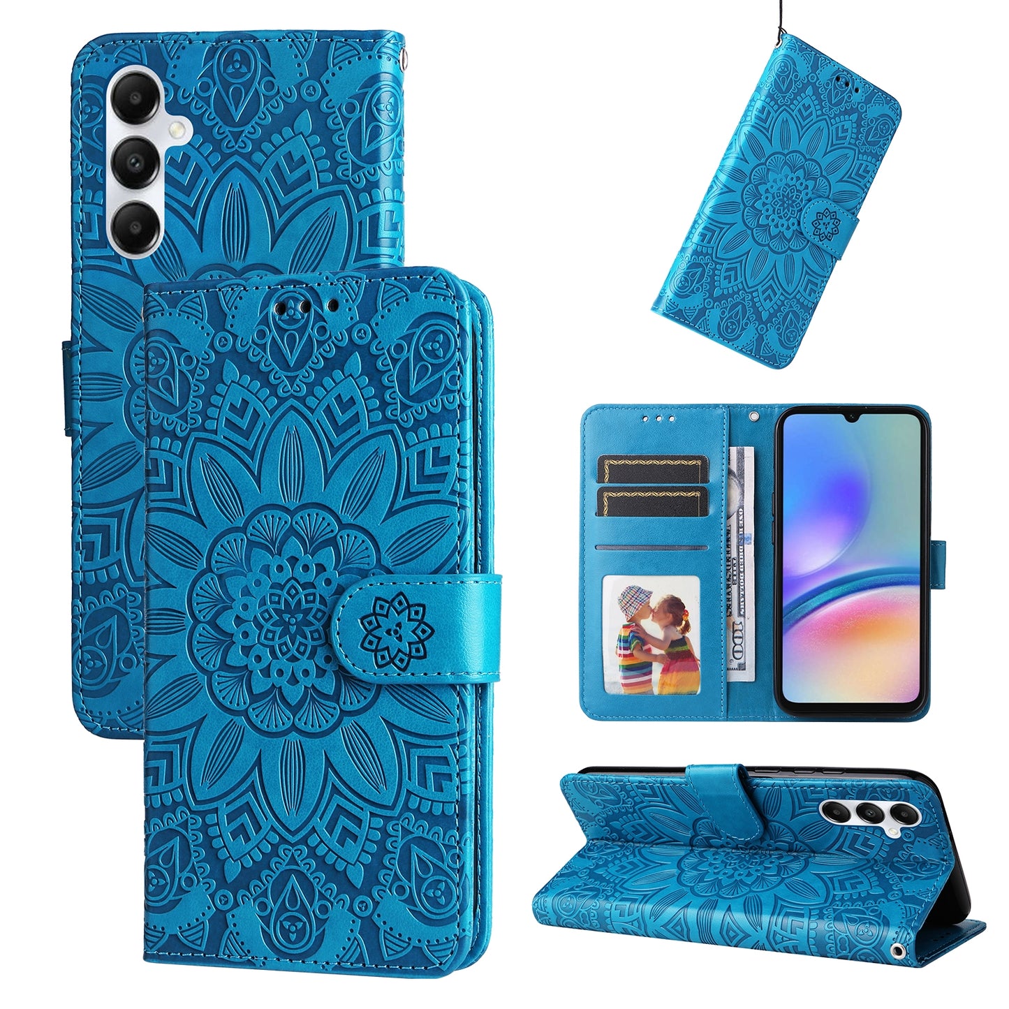 Samsung Galaxy A05s Sunflower Embossed Leather Wallet Phone Case with Kickstand and Card Holder