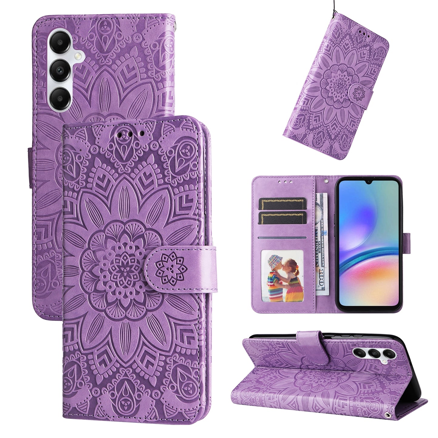 Samsung Galaxy A05s Sunflower Embossed Leather Wallet Phone Case with Kickstand and Card Holder