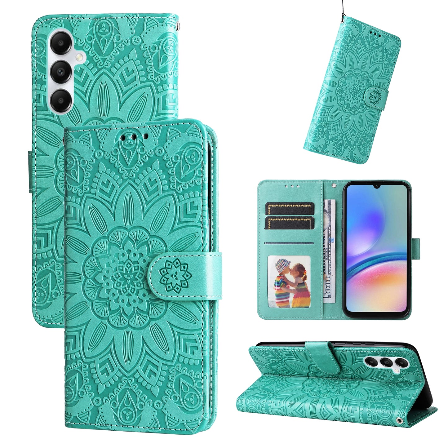 Samsung Galaxy A05s Sunflower Embossed Leather Wallet Phone Case with Kickstand and Card Holder