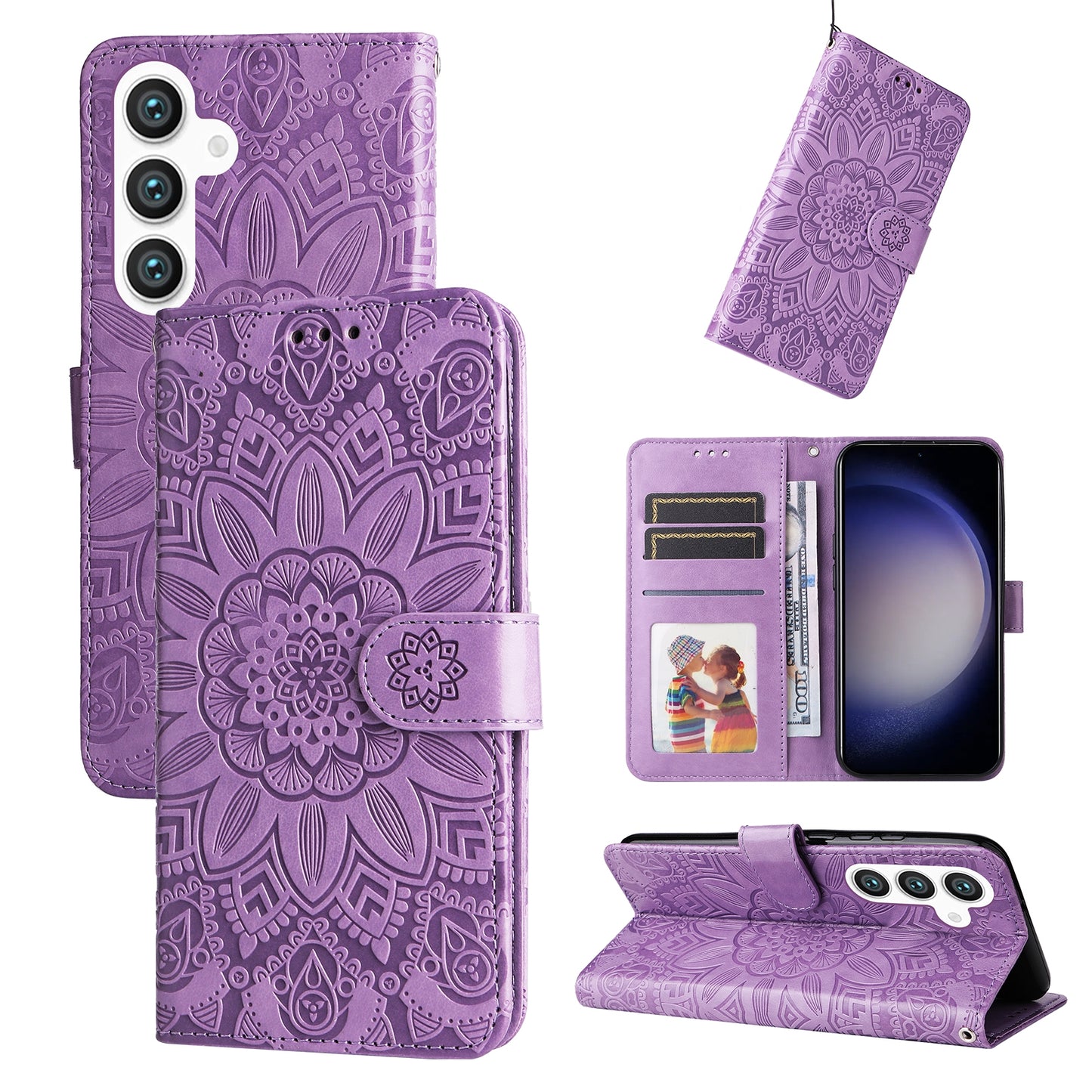 Samsung Galaxy S24 Sunflower Embossed Leather Wallet Phone Case with Kickstand and Card Holder