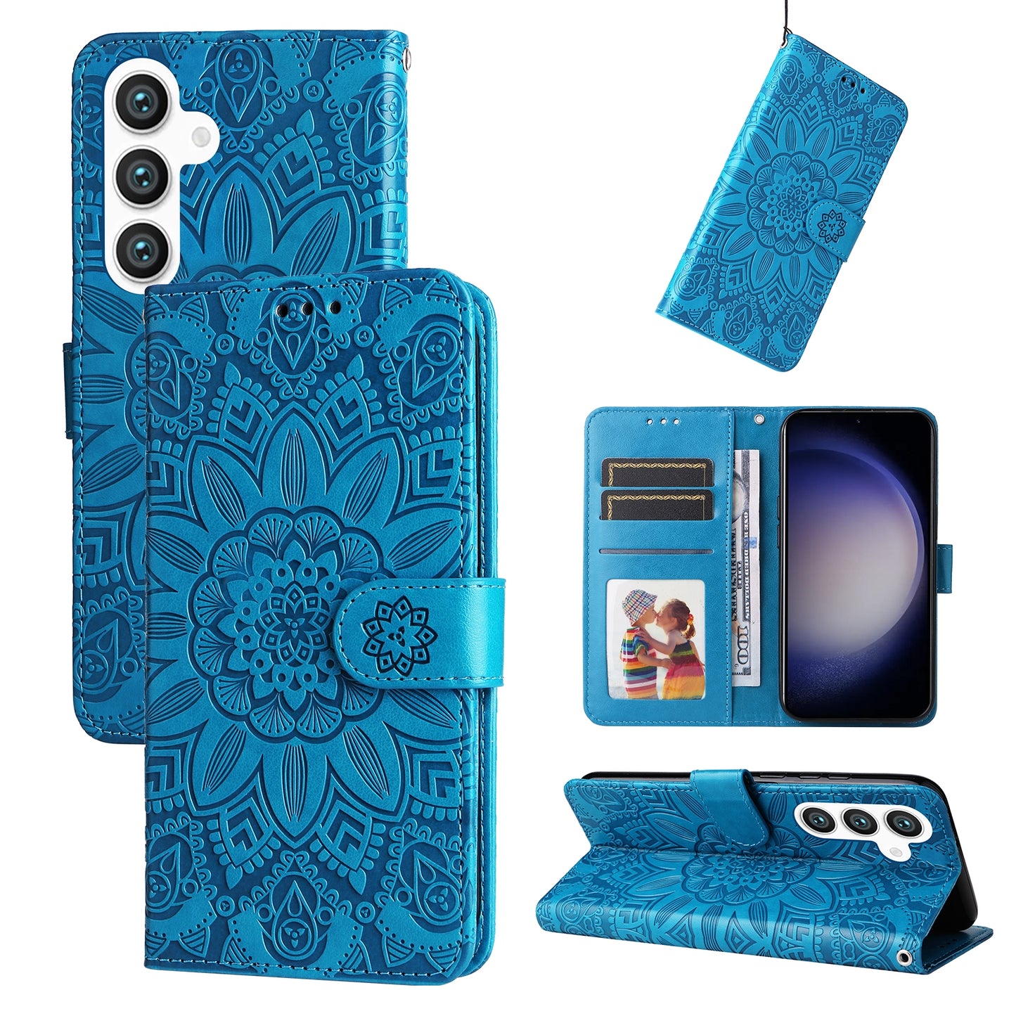 Samsung Galaxy S24+ Sunflower Embossed Leather Wallet Phone Case with Kickstand and Card Holder