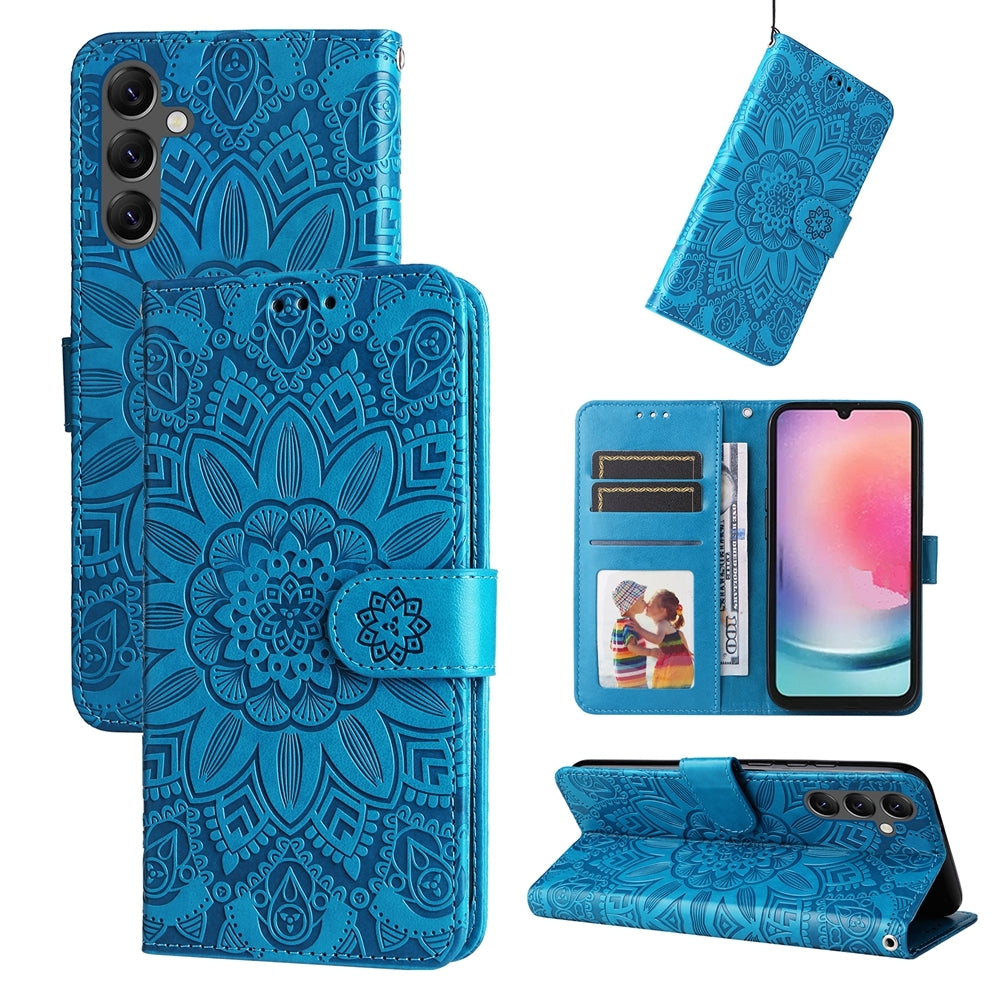 Samsung Galaxy A25 5G Global Sunflower Embossed Leather Wallet Phone Case with Kickstand and Card Holder