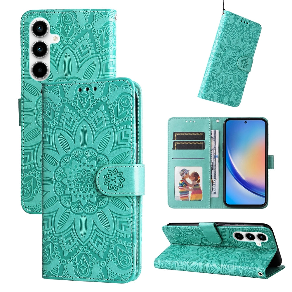 Samsung Galaxy A35 Sunflower Embossed Leather Wallet Phone Case with Kickstand and Card Holder