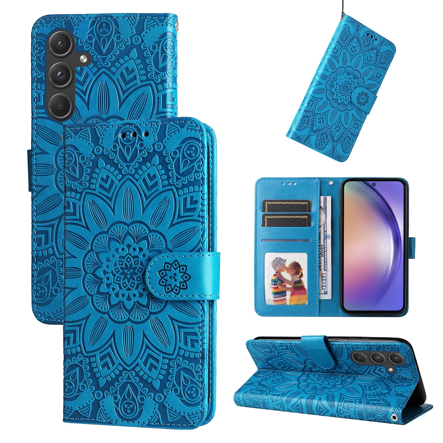 Samsung Galaxy A55 Sunflower Embossed Leather Wallet Phone Case with Kickstand and Card Holder