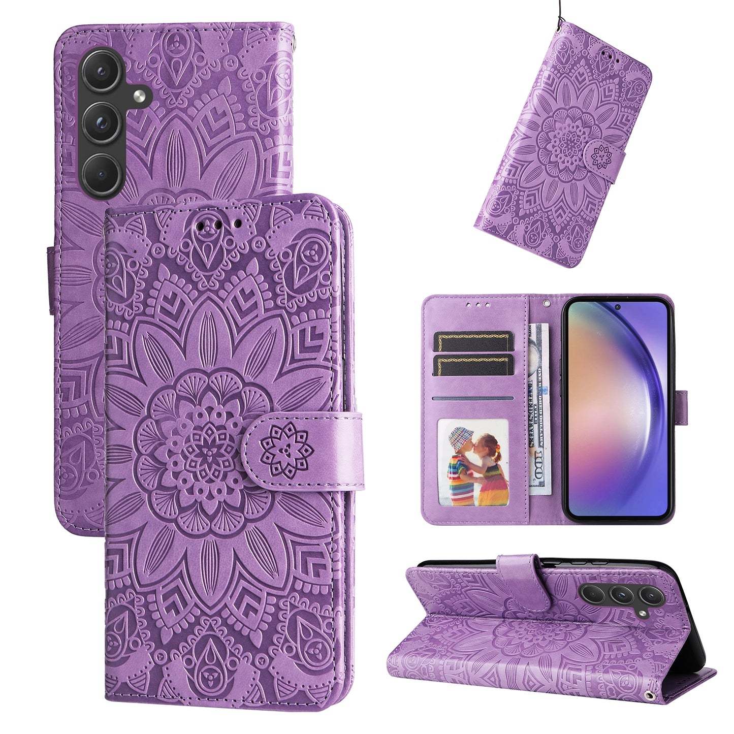 Samsung Galaxy A55 Sunflower Embossed Leather Wallet Phone Case with Kickstand and Card Holder