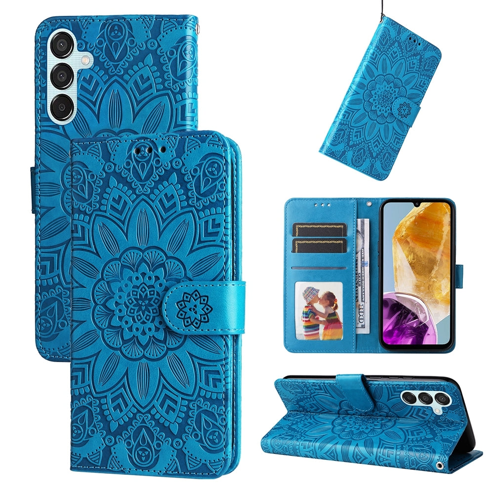 Samsung Galaxy F15 5G Sunflower Embossed Leather Wallet Phone Case with Kickstand and Card Holder