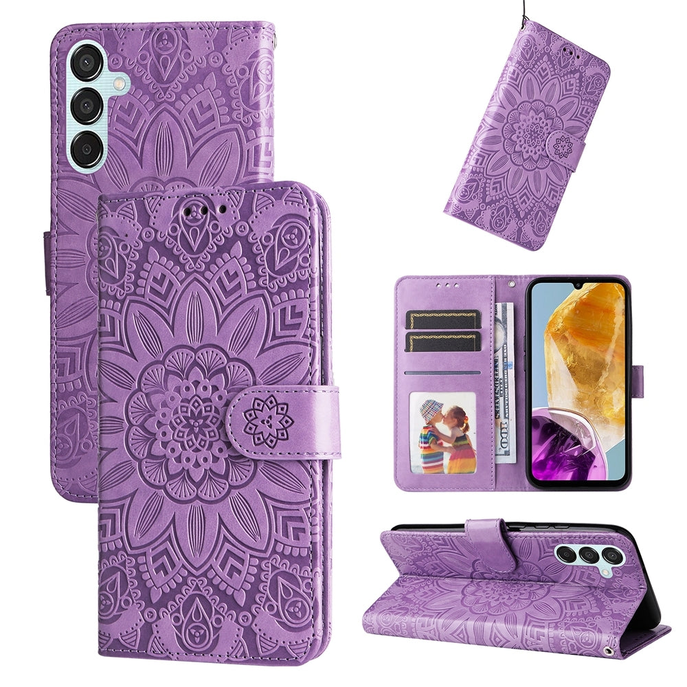 Samsung Galaxy M15 5G Sunflower Embossed Leather Wallet Phone Case with Kickstand and Card Holder